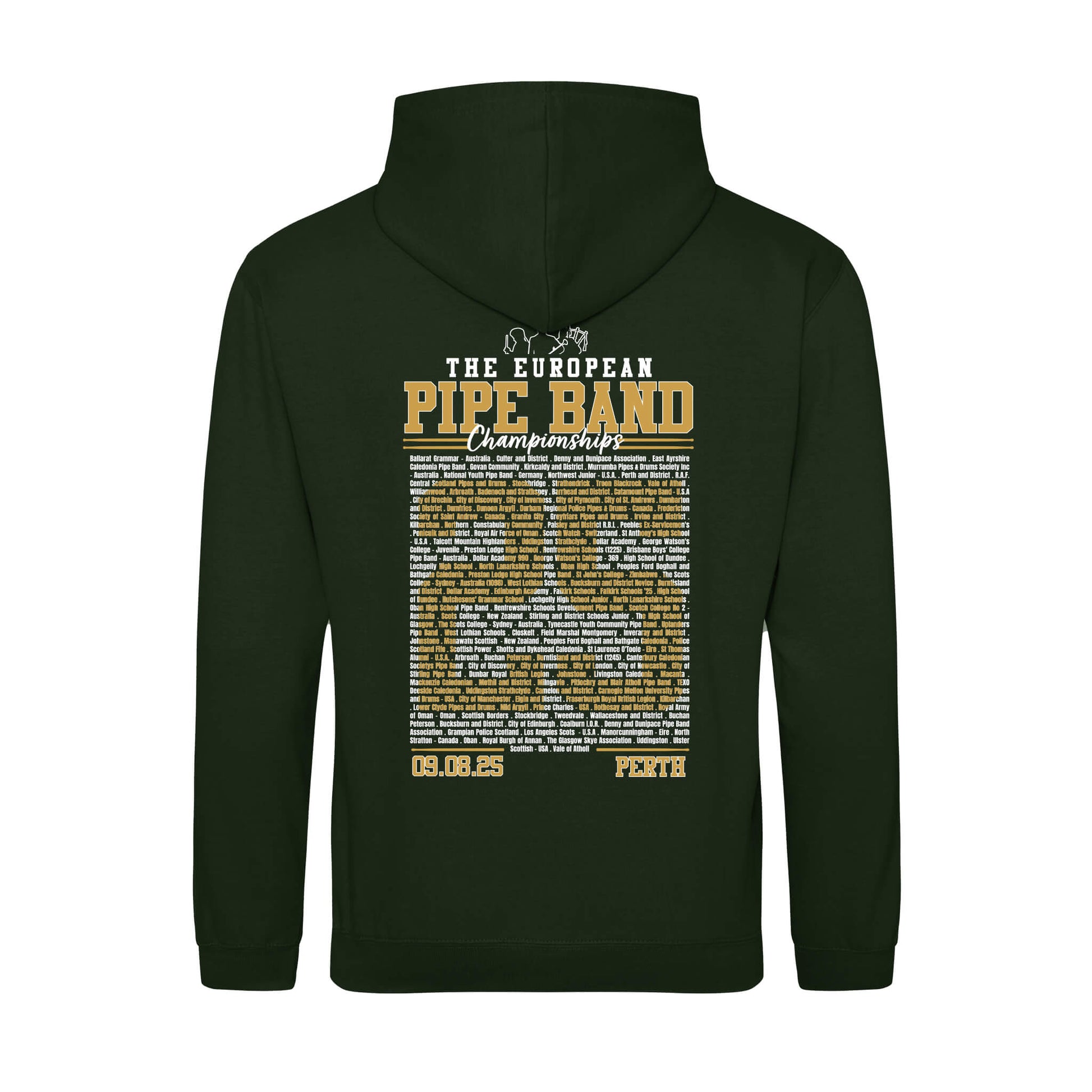 Back view European Pipe Band Championships Hoodie showing participating pipe bands | Bottle Green | RSPBA