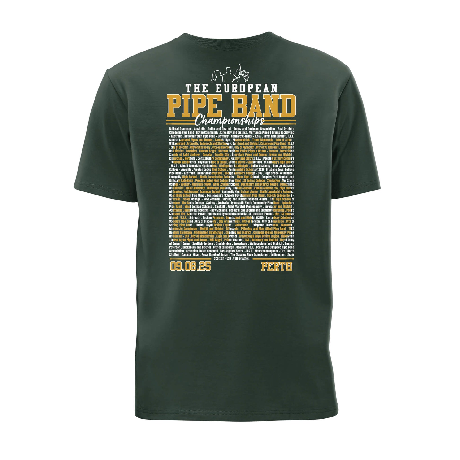 Back view of The European Pipe Band Championships T-Shirt showing participating band names | Bottle Green | RSPBA