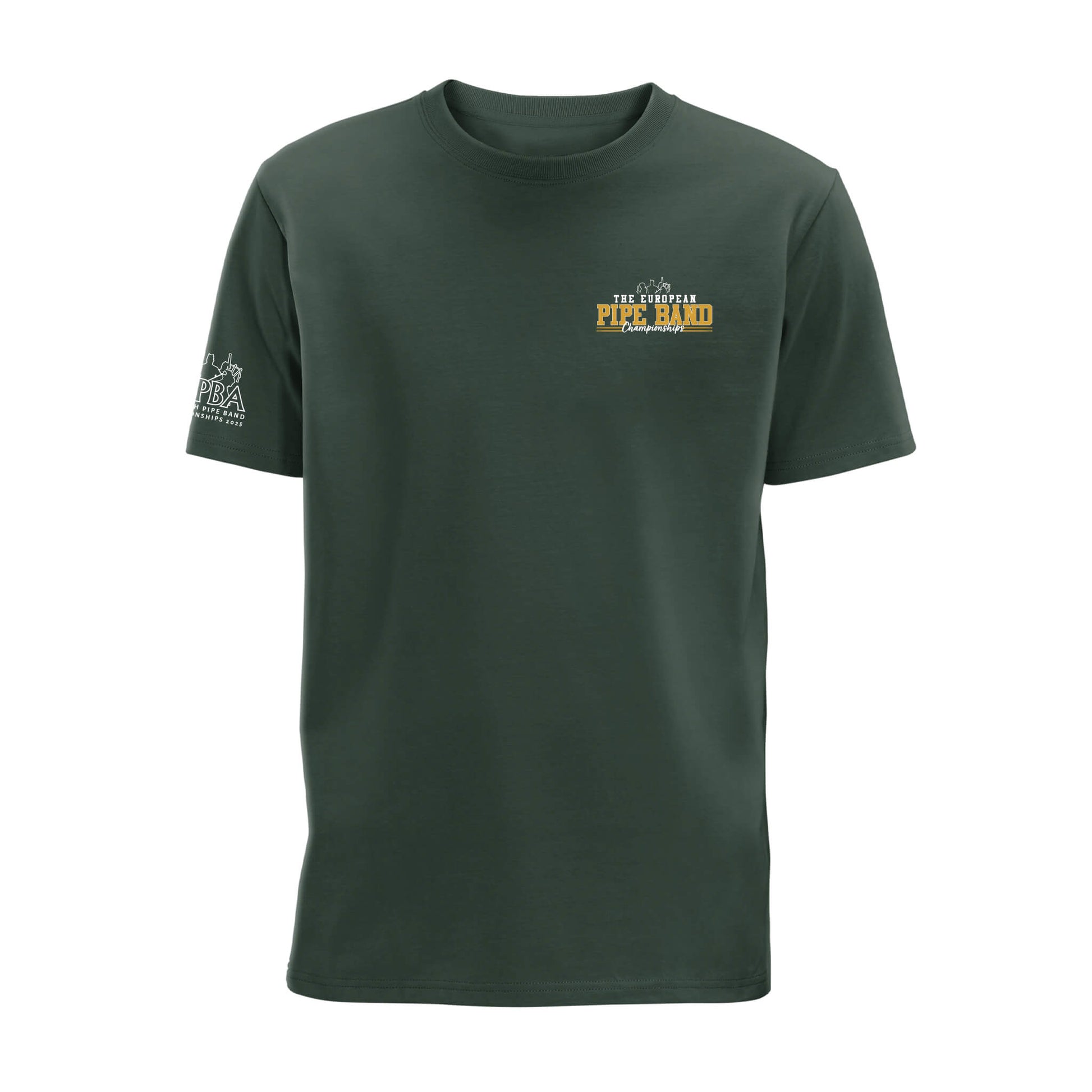 Front view of the European Pipe Band Championships T-Shirt | Bottle Green | RSPBA