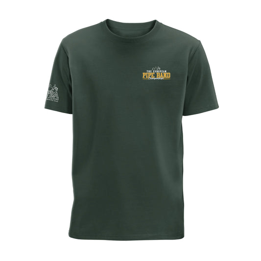 Front view of the European Pipe Band Championships T-Shirt | Bottle Green | RSPBA