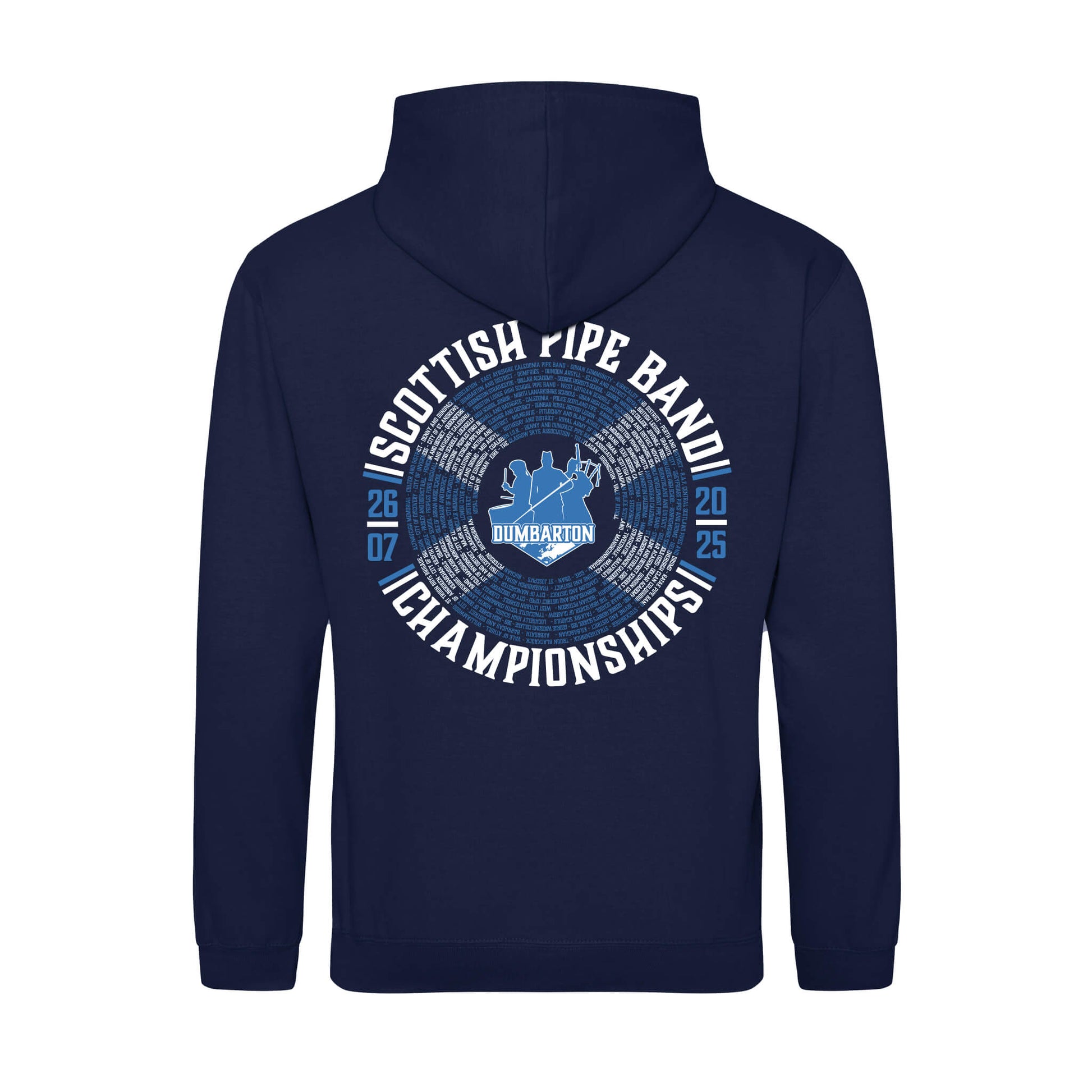Back view Scottish Pipe Band Championships Hoodie showing participating pipe bands | Navy | RSPBA
