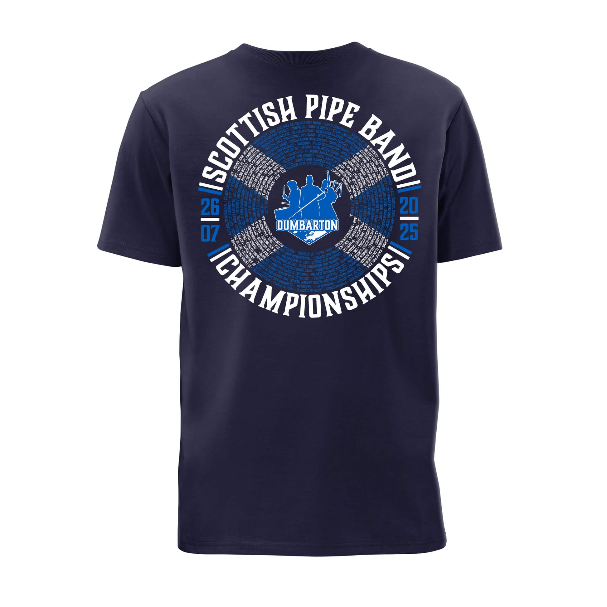 Back view of Scottish Pipe Band Championships T-Shirt showing participating pipe band names  | Navy | RSPBA