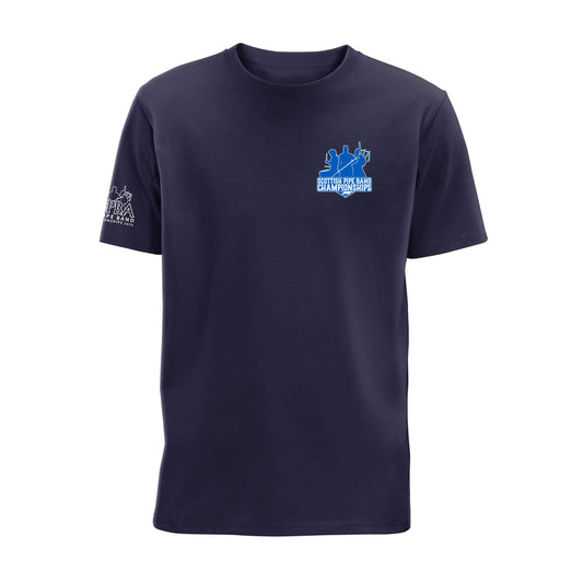 Front view of Scottish Pipe Band Championships T-Shirt | Navy | RSPBA