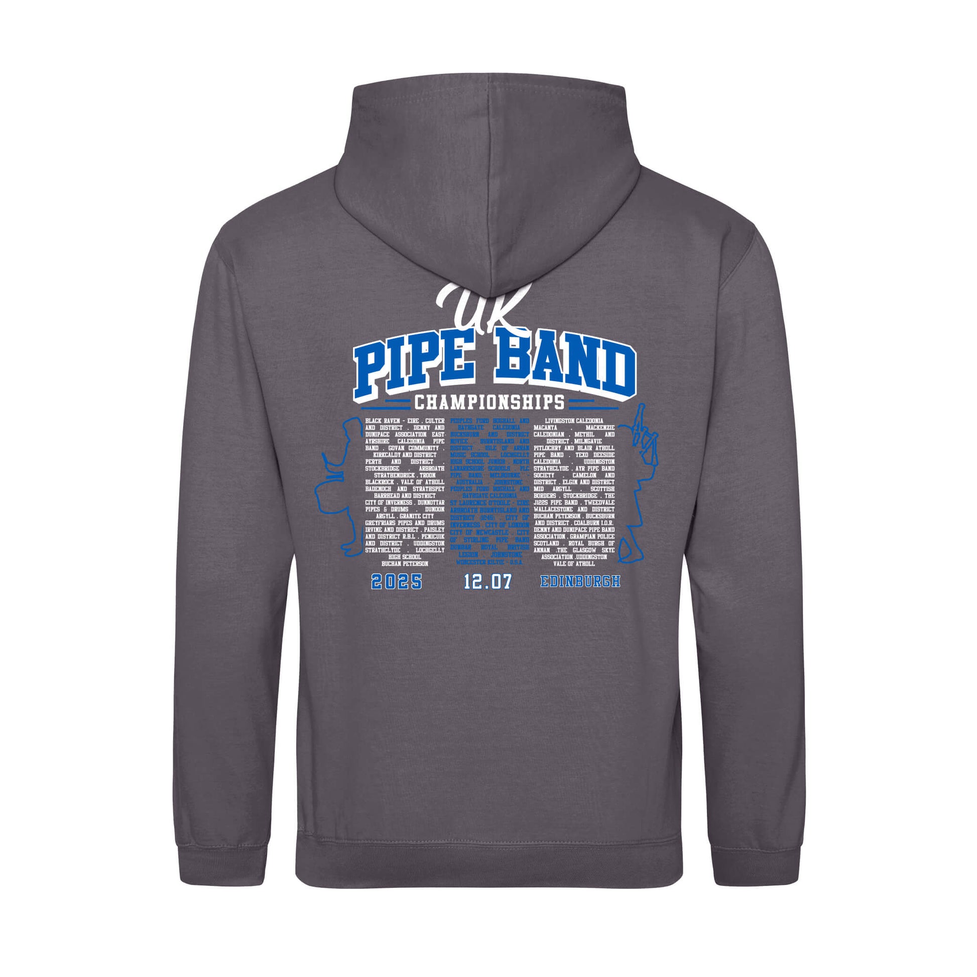 Back view UK Pipe Band Championships Hoodie showing participating pipe bands | Grey | RSPBA