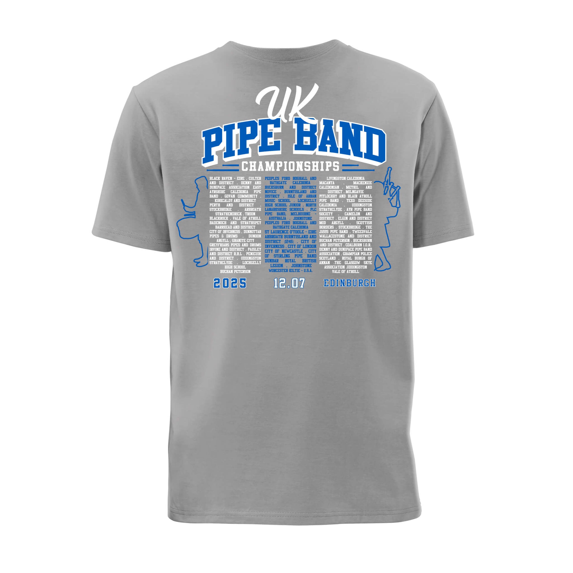 Back view UK Pipe Band Championships T-Shirt showing participating pipe bands | Grey | RSPBA