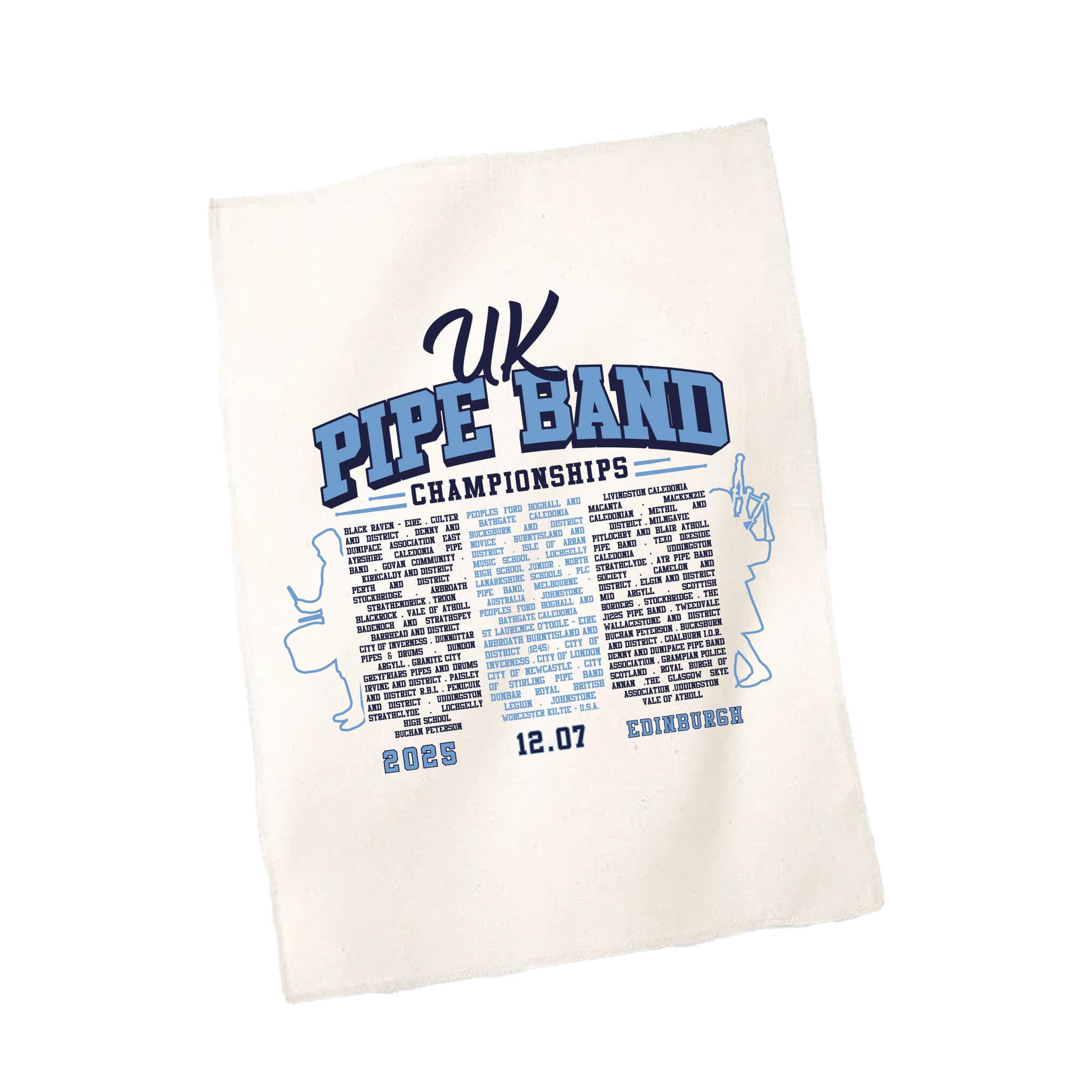 UK Pipe Band Championships Tea Towel with participating band names | White | RSPBA
