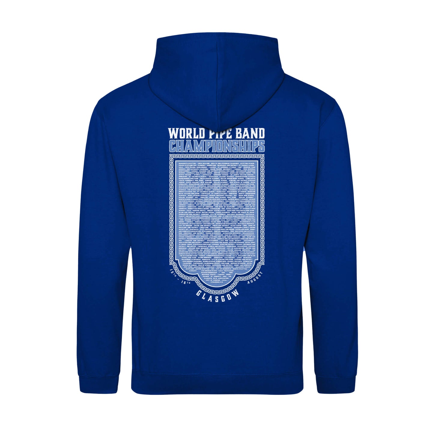 Back view of the World Pipe Band Championships Hoodie | Royal Blue | RSPBA
