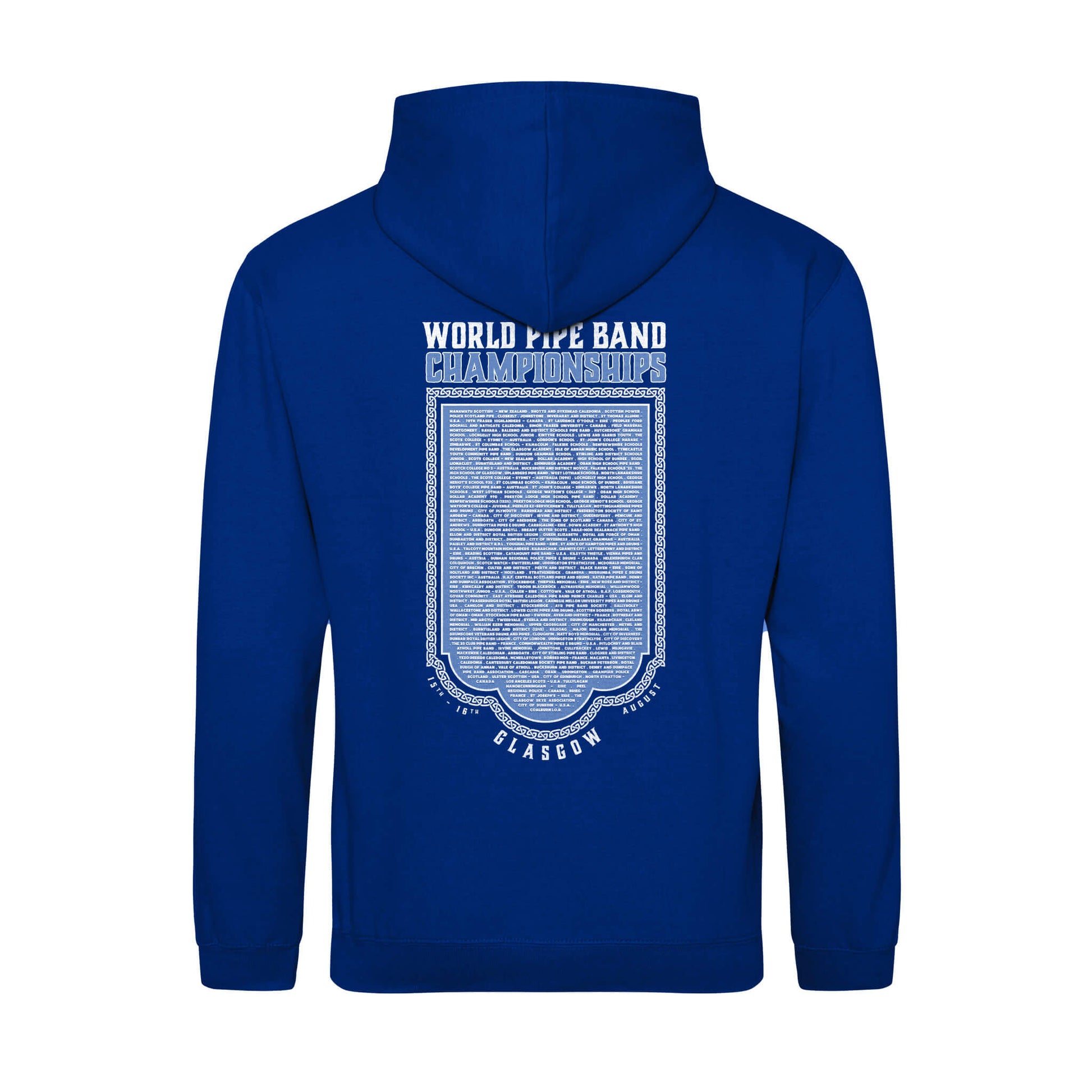 Back view of the World Pipe Band Championships Hoodie | Royal Blue | RSPBA