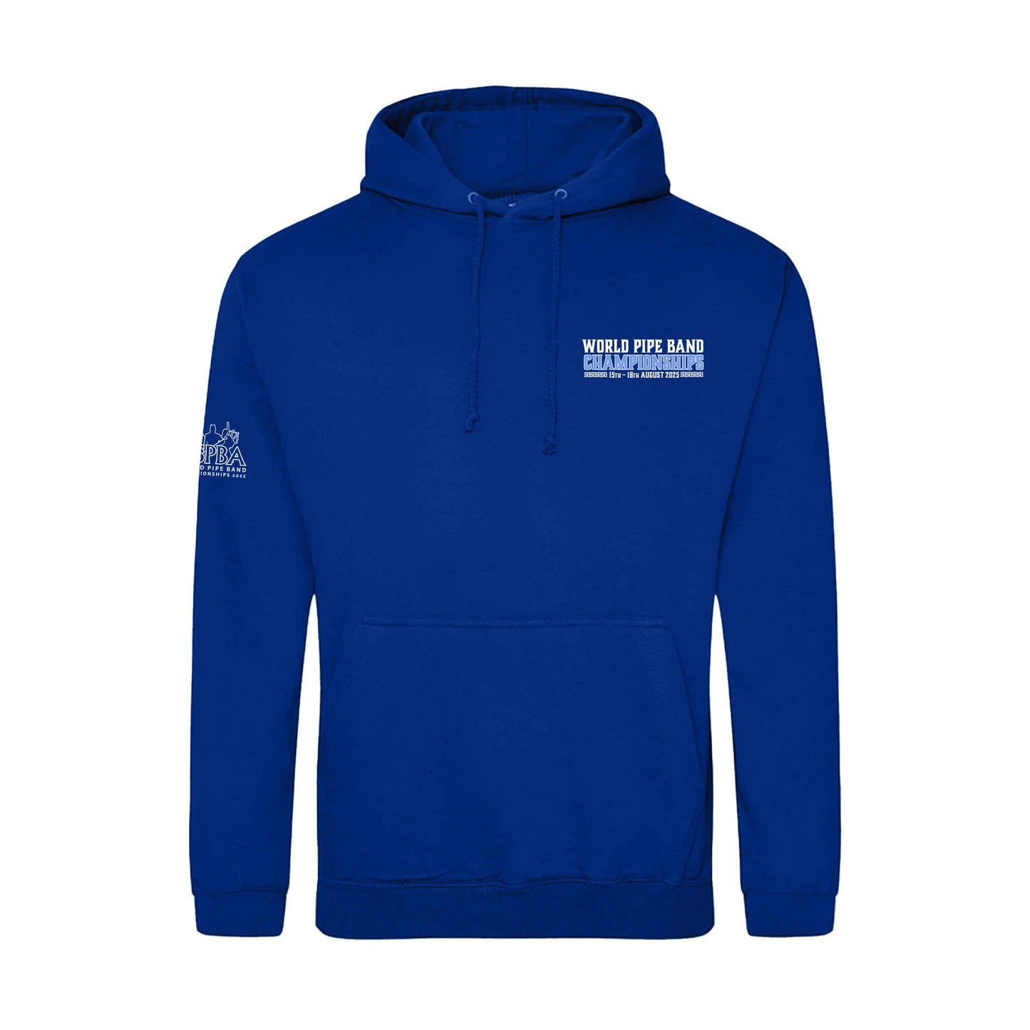 Front view of the World Pipe Band Championships Hoodie | Royal Blue | RSPBA
