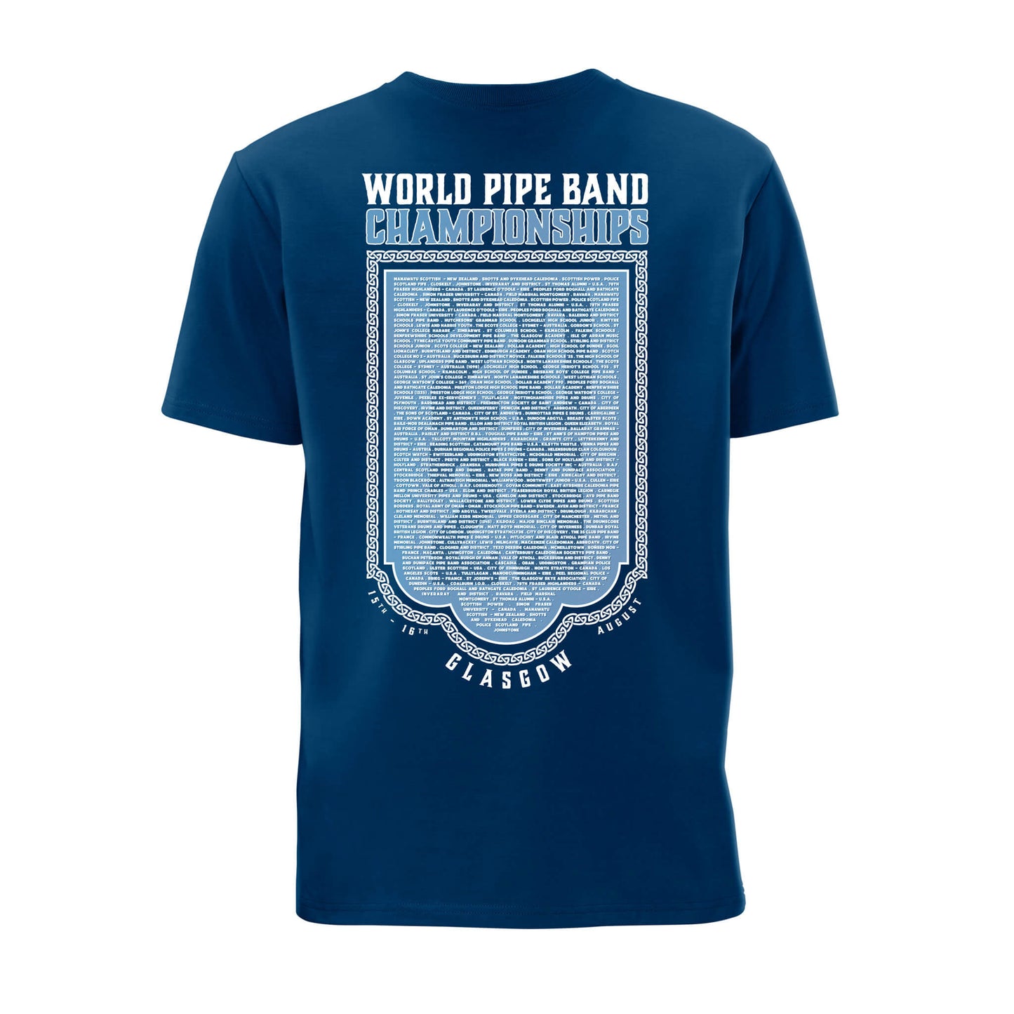 Back view of the World Pipe Band Championships T-Shirt | Royal Blue | RSPBA
