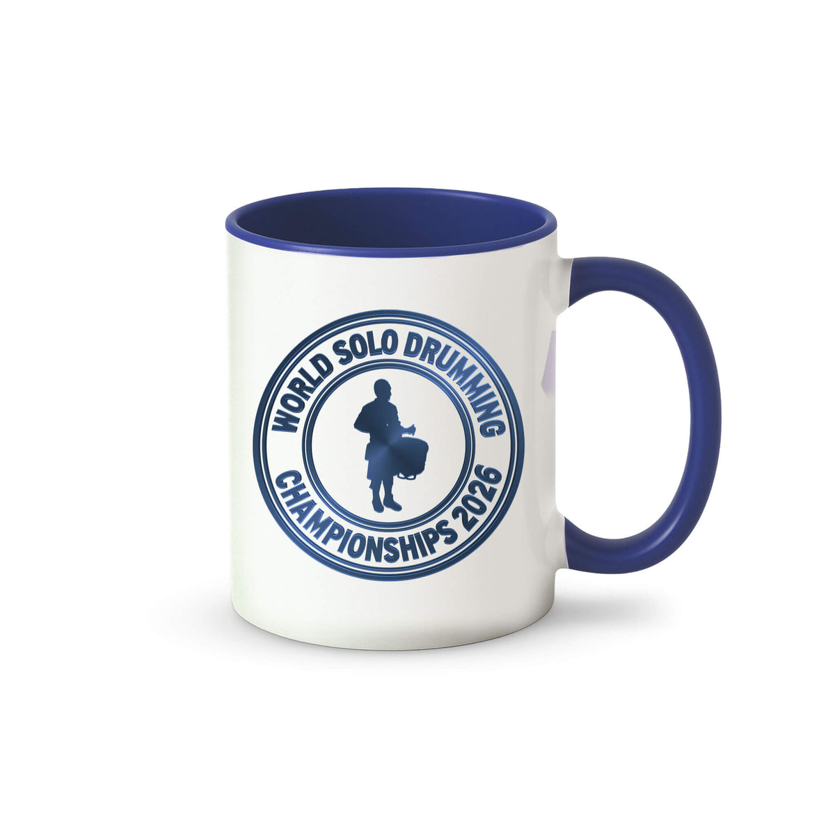 Side view of contrast ceramic mug with navy handle, inner and rim and World Solo Drumming Championships logo