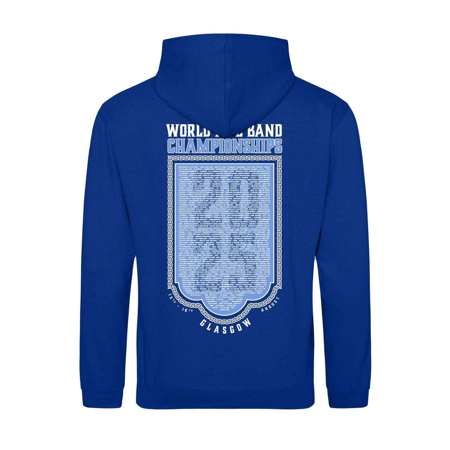Back view of the World Pipe Band Championships Hoodie | Royal Blue | RSPBA