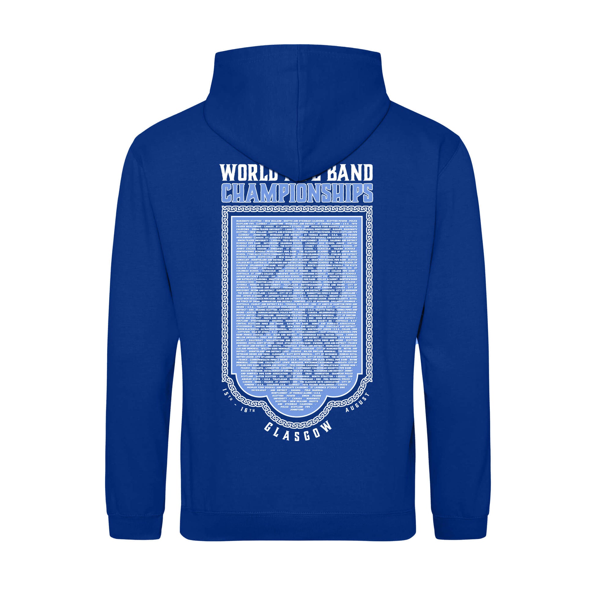 Back view of the World Pipe Band Championships Hoodie | Royal Blue | RSPBA