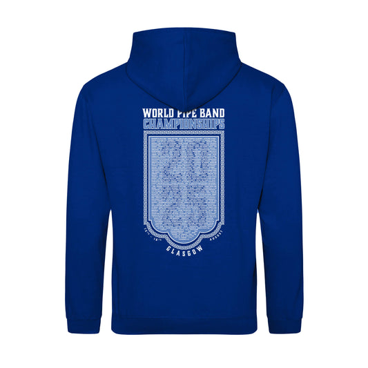 Back view of the World Pipe Band Championships Hoodie | Royal Blue | RSPBA