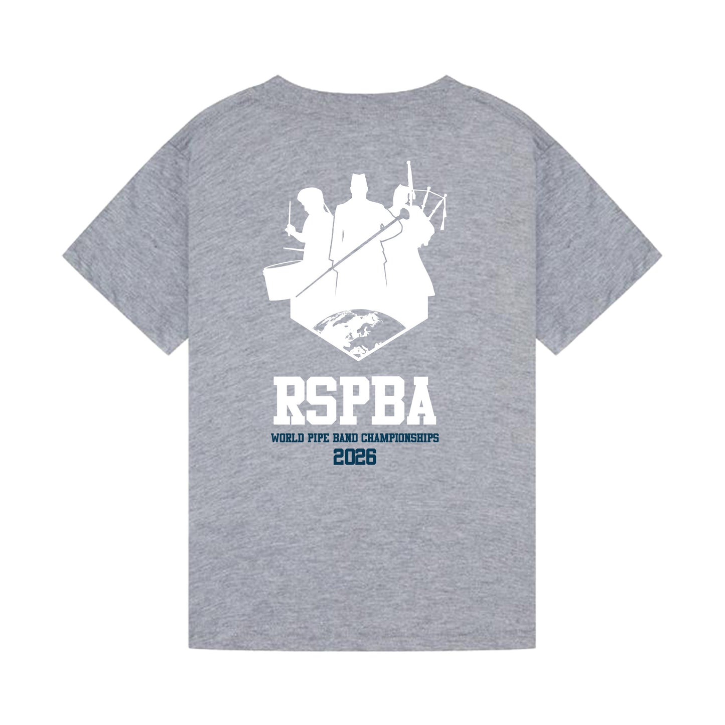Back view of heather grey The Worlds Kids t-shirt with RSPBA logo design.