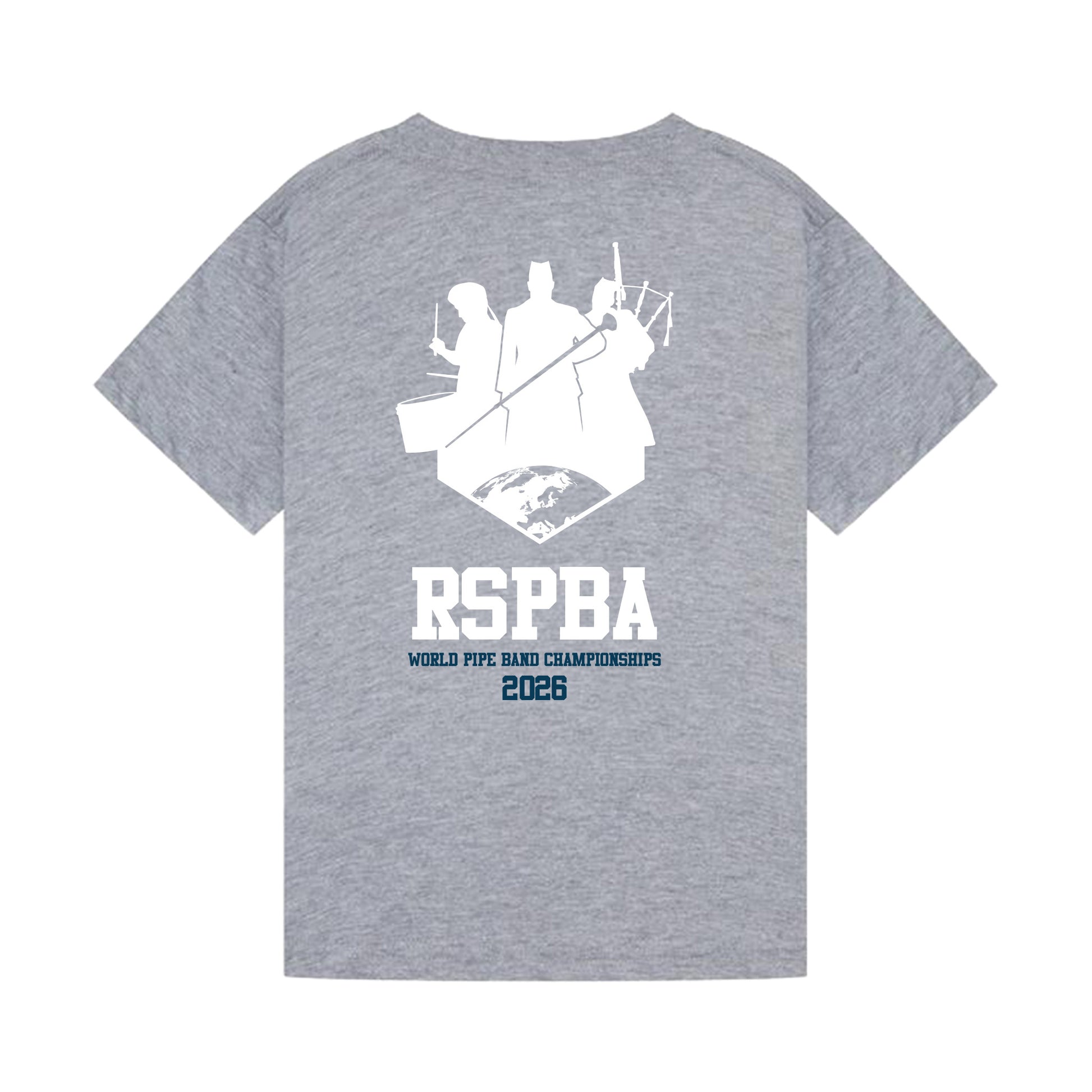 Back view of heather grey The Worlds Kids t-shirt with RSPBA logo design.