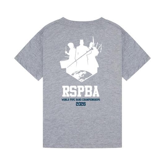 Back view of heather grey The Worlds Kids t-shirt with RSPBA logo design.