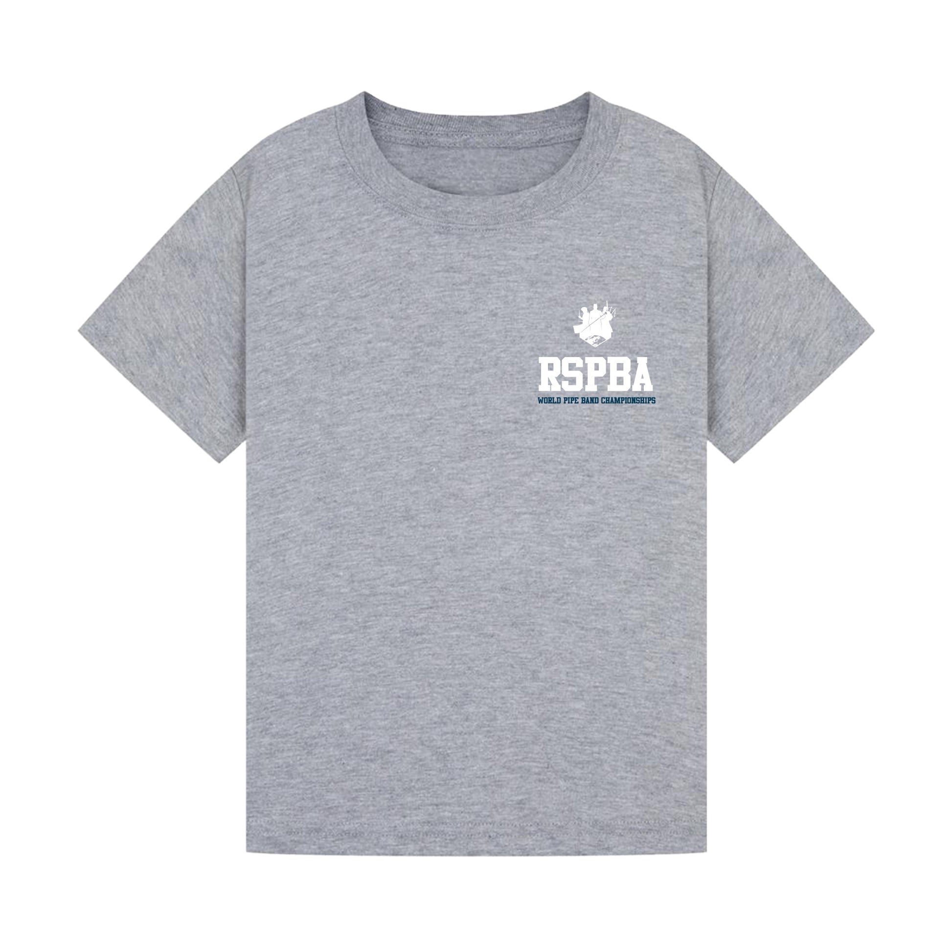 Front view of heather grey The Worlds Kids t-shirt with logo on left chest.