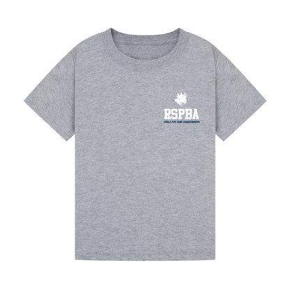 Front view of heather grey The Worlds Kids t-shirt with logo on left chest.