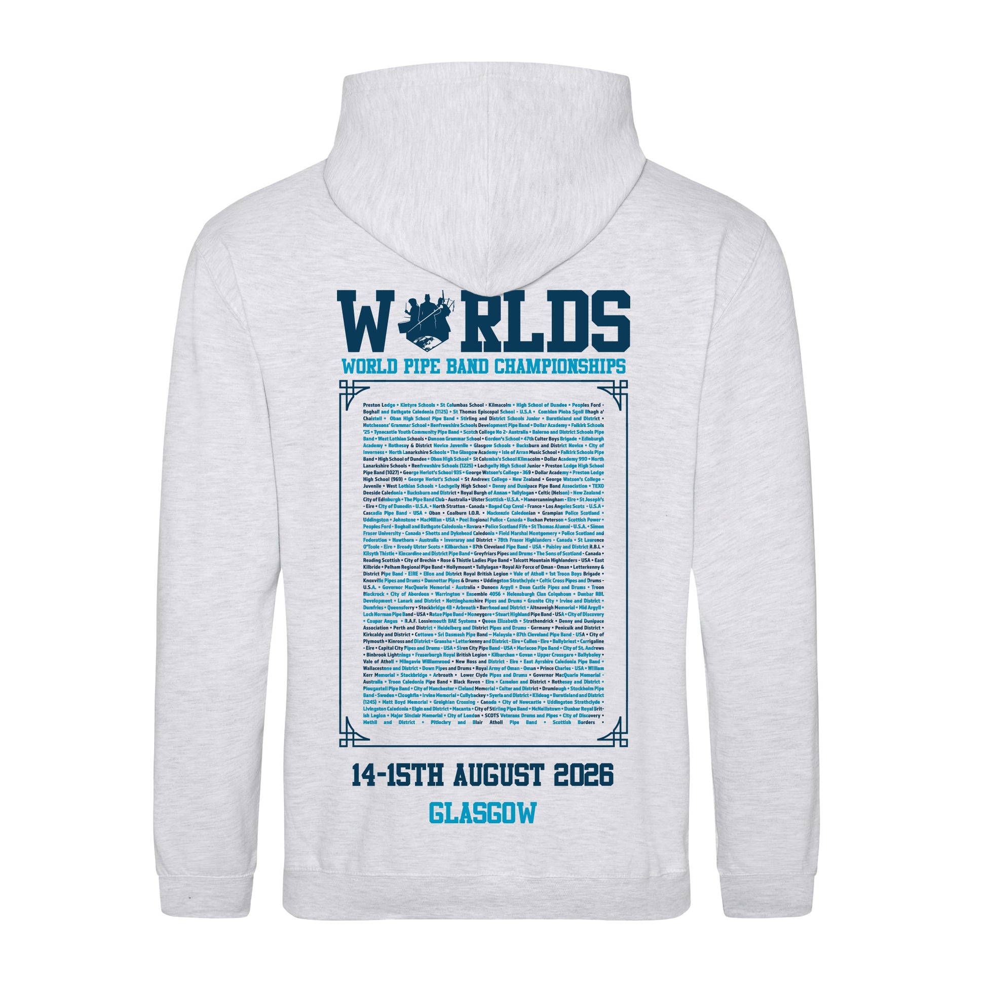 Back view of ash grey 2026 World Pipe Band Championships Hoodie showing participating pipe bands design