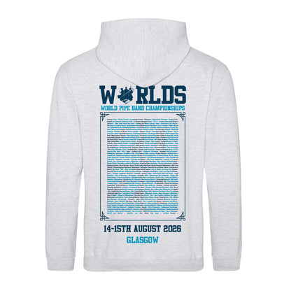 Back view of ash grey 2026 World Pipe Band Championships Hoodie showing participating pipe bands design