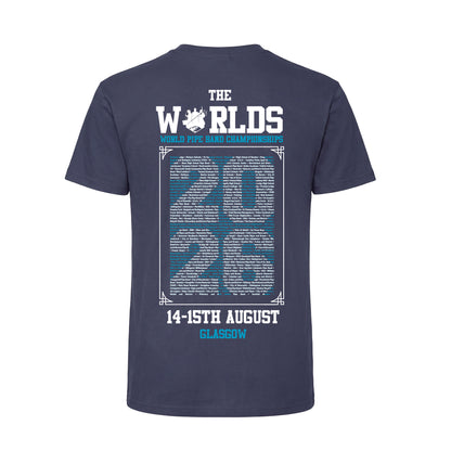 Back view of navy 2026 World Pipe Band Championships T-Shirt showing participating Pipe Bands design.