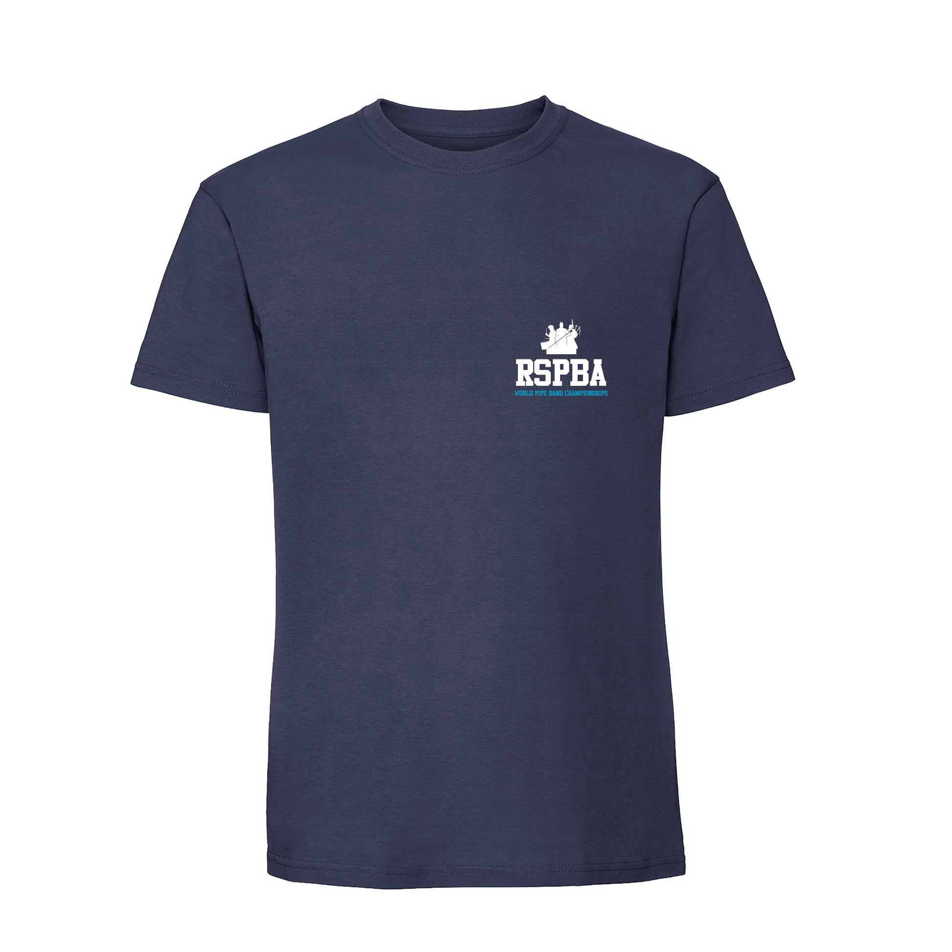 Back view of navy 2026 World Pipe Band Championships T-Shirt RSPBA logo design
