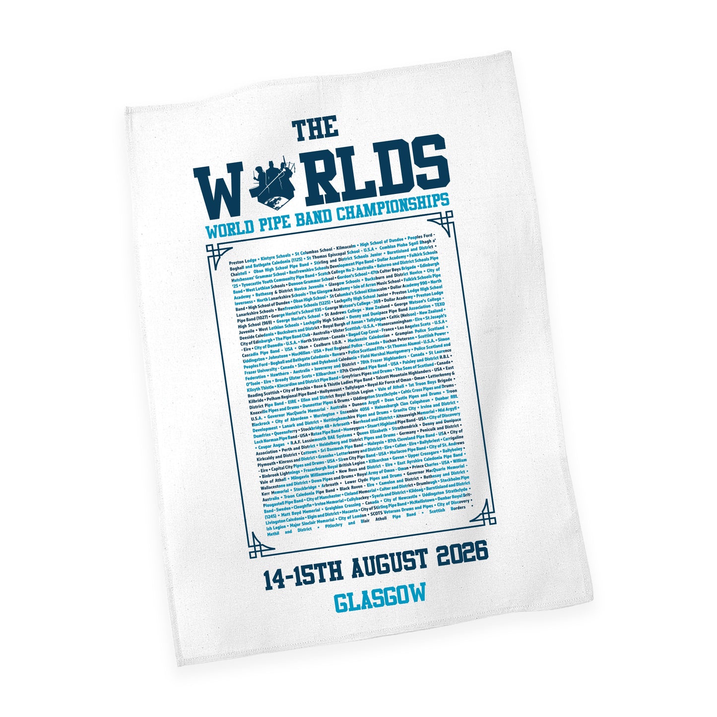 White tea towel featuring participating pipe bands design