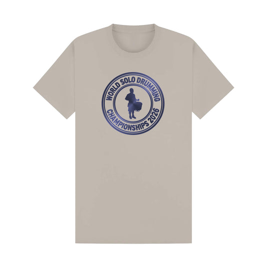 Front View of Stone World Solo Drumming Championship T-Shirt with logo.