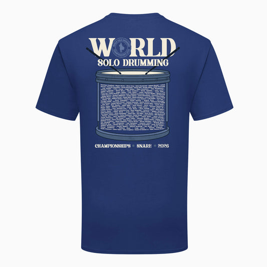 Back view of Cobalt Blue World Solo Drumming Championship Snare Drummer T-Shirt