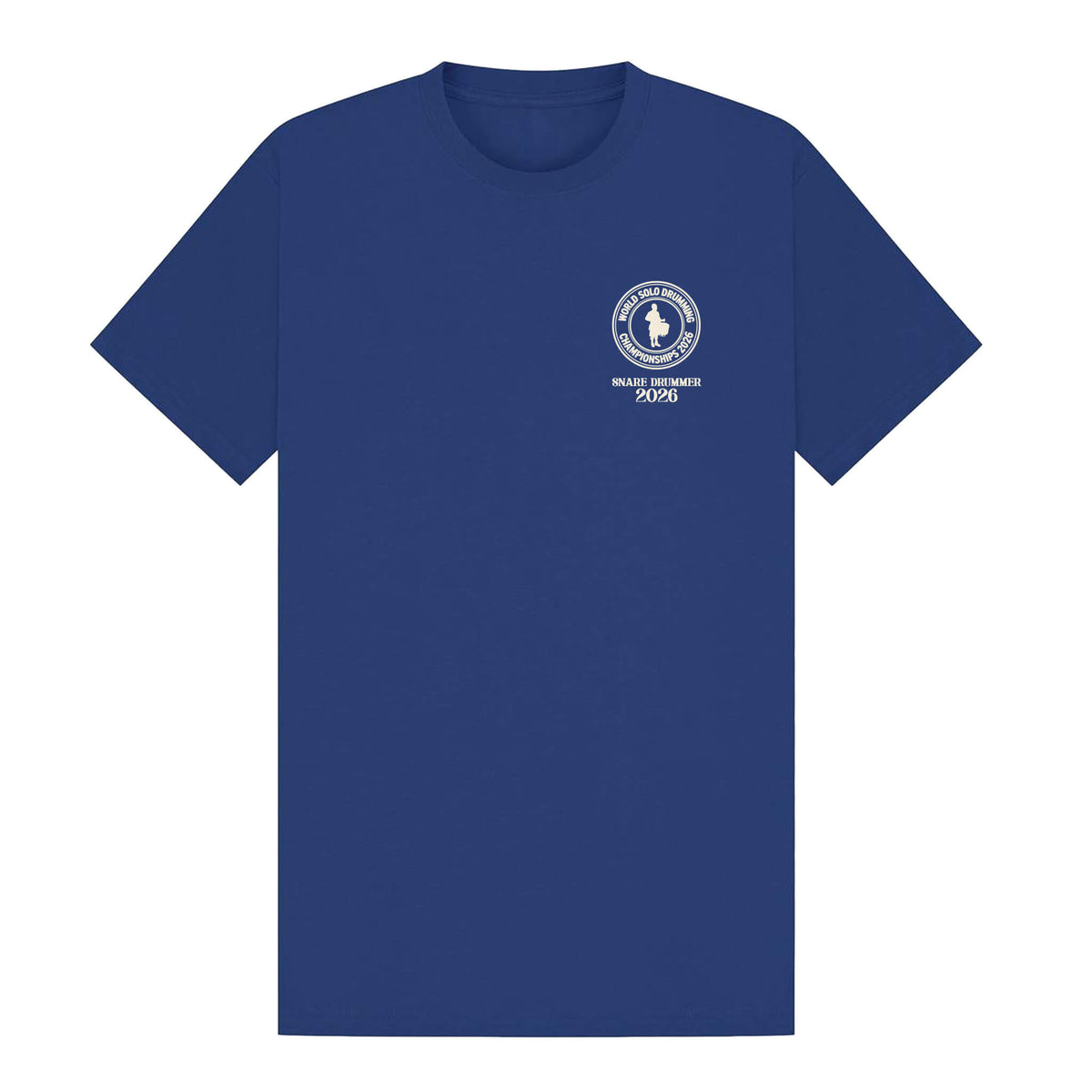 Front view of Cobalt Blue World Solo Drumming Championship Snare Drummer T-Shirt