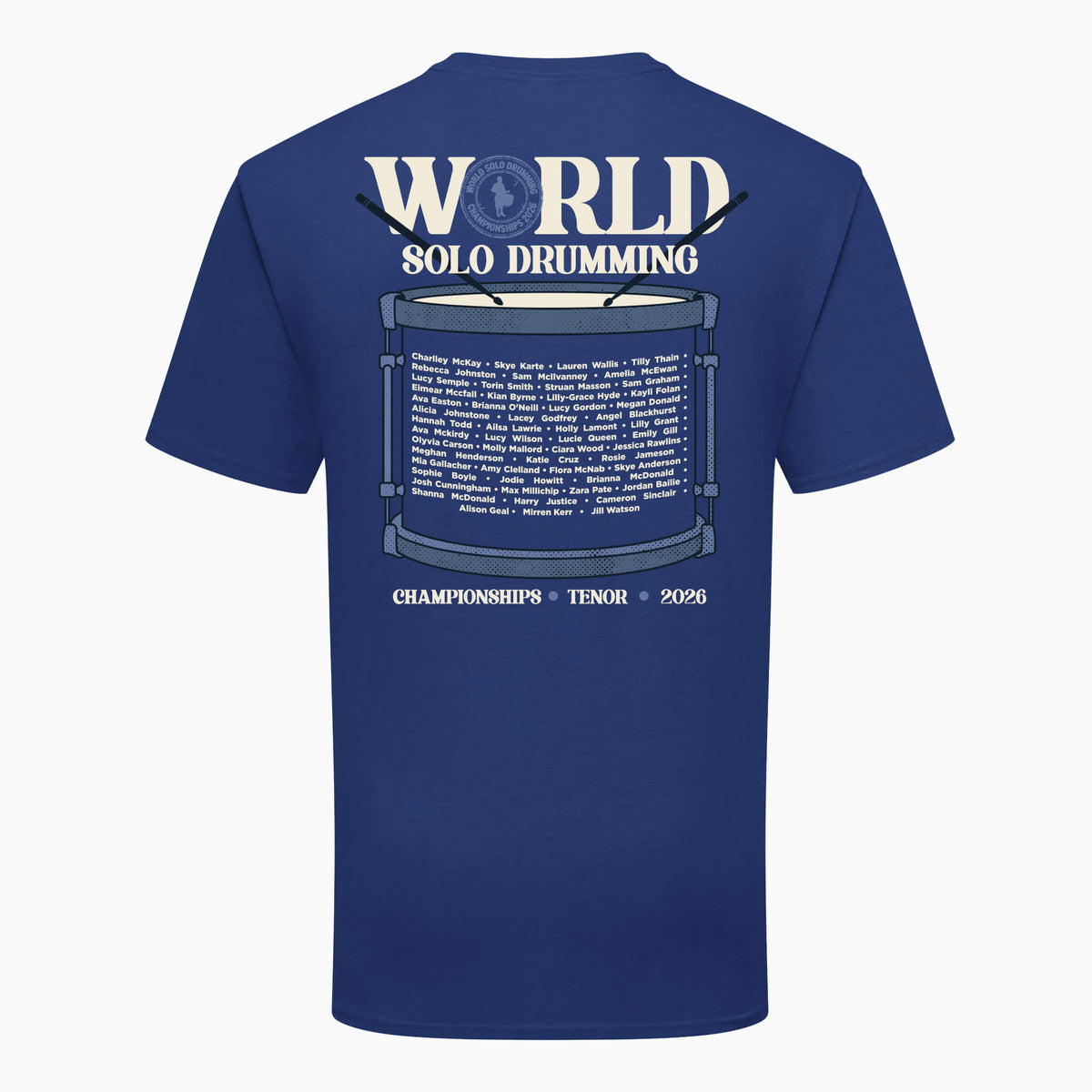 Back view of Cobalt Blue World Solo Drumming Championship Tenor Drummer T-Shirt