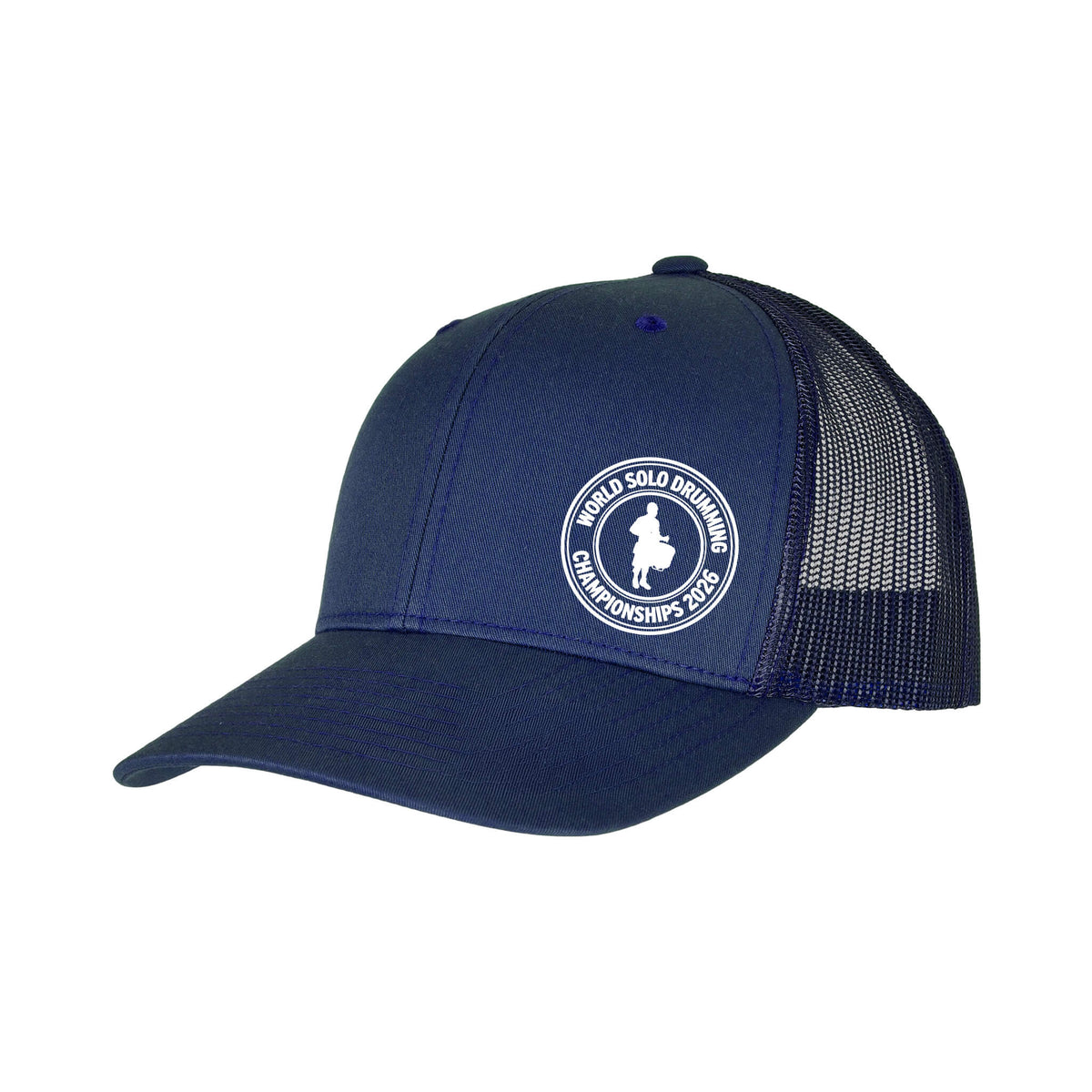 Front view of navy Trucker hat with World Solo Drumming Championships logo